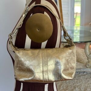 COACH Mini Top Handle Shoulder Bag Metallic Gold Embossed Signature C Leather